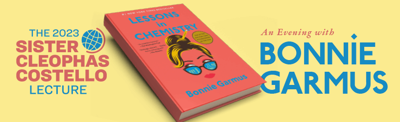 Event banner featuring the cover of author Bonnie Garmus' book Lessons in Chemistry