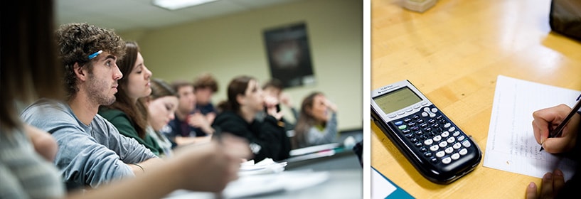 Student listening in class and student using calculator