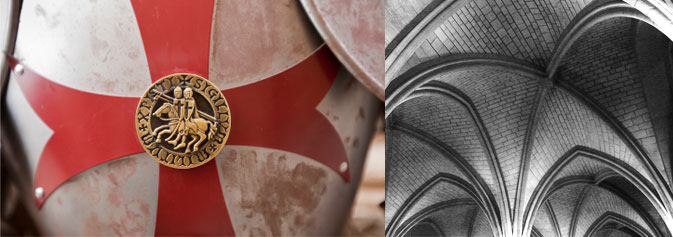 Loyola's medieval studies website banner containing an Medieval Shield and Architecture