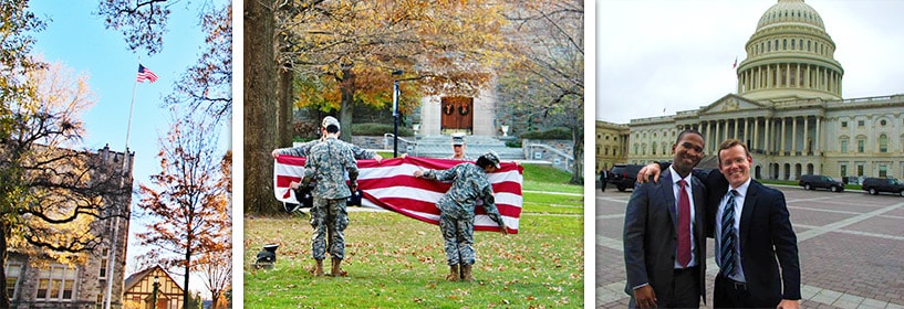 American Flag, ROTC students foldering american flag, and two alumni in front of Capitol Building