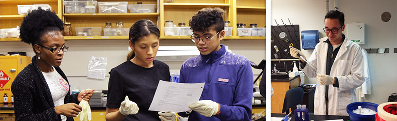 3 students working through a lab together; student in white coat performing a lab experiment