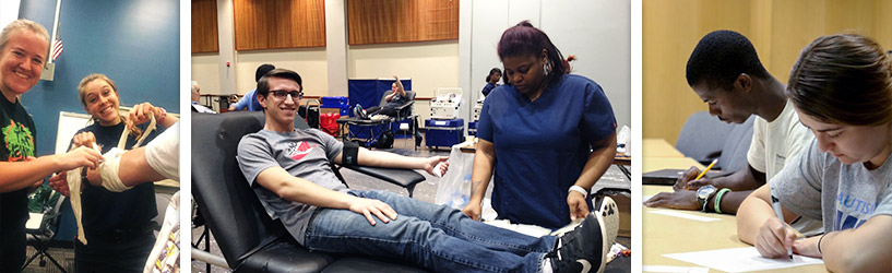 Student practicing wrapping wounds; students taking a test; student giving blood at a blood drive