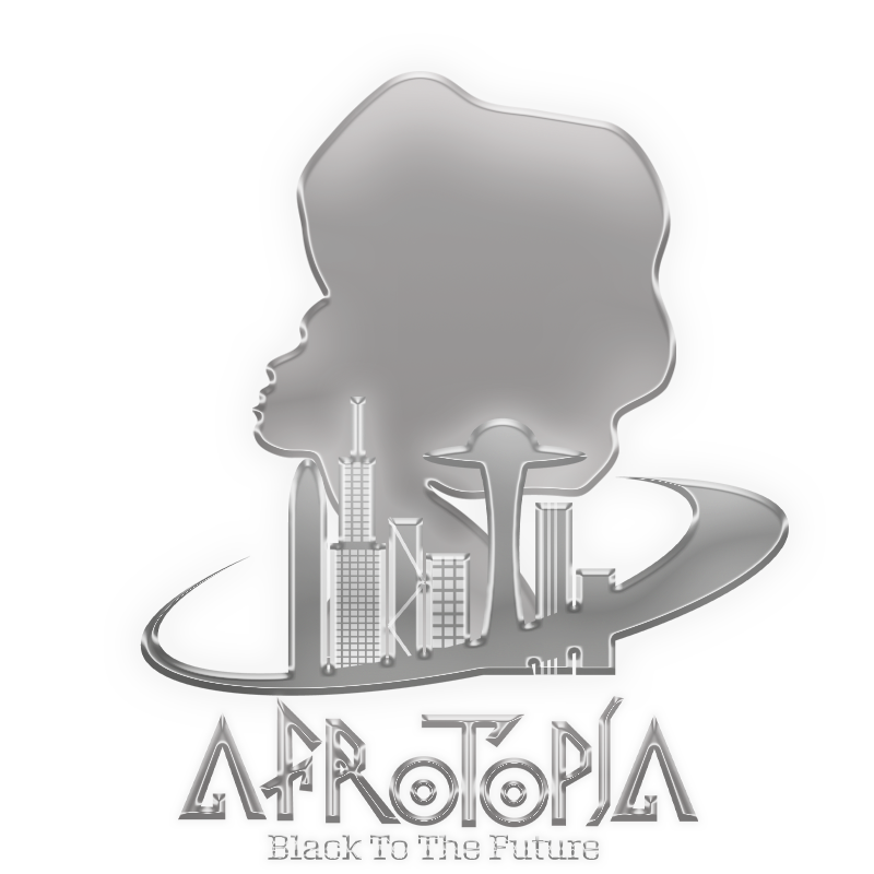 A silver graphic of a person with an Afro hairstyle above a futuristic cityscape with the words Afrotopia Black to the Future on the bottom
