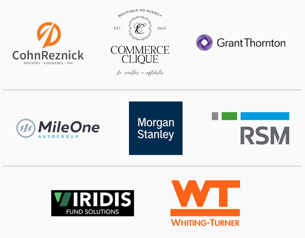 A grid of sponsor logos - including CohnReznick, Commerce Clique, Grant Thornton, MileOne Auto Group, Morgan Stanley, RSM, Viridis, Whiting-Turner