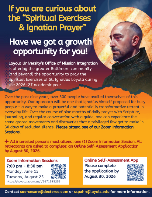 Flyer for Spiritual Exercises 2026-2027 Cohort, depicting the information available on this page in a flyer format