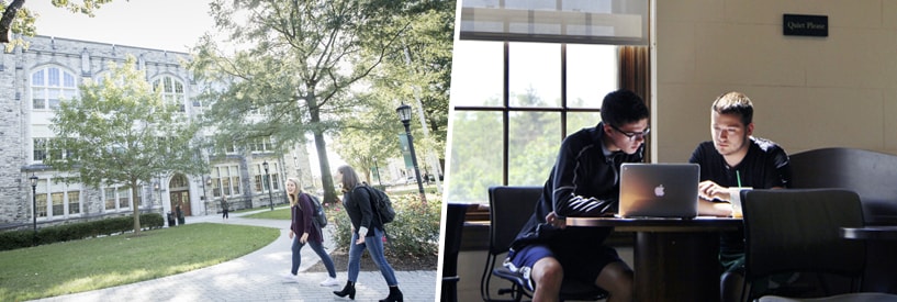 Students walking near Jenkins Hall; Student and tutor working together in The Study