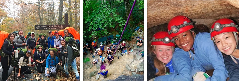 Students rappelling and spelunking
