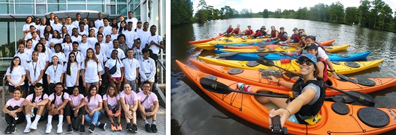 Group of students and students in kayaks