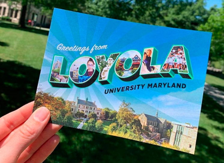 Vibrant postcard on a bright quad reading Greetings from Loyola
