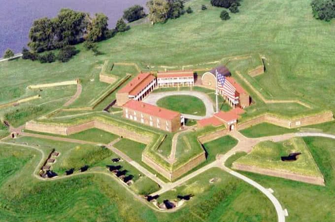 An aerial view of Fort McHenry, a pentagonal fort near the harbor in Baltimore, MD