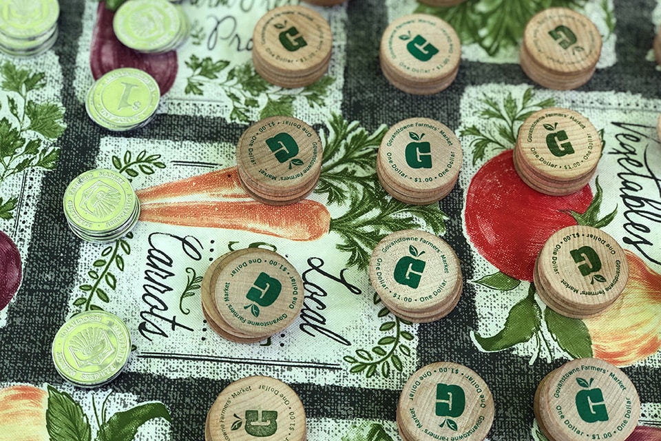 Stacks of wooden coins siting on decorative tablecloth