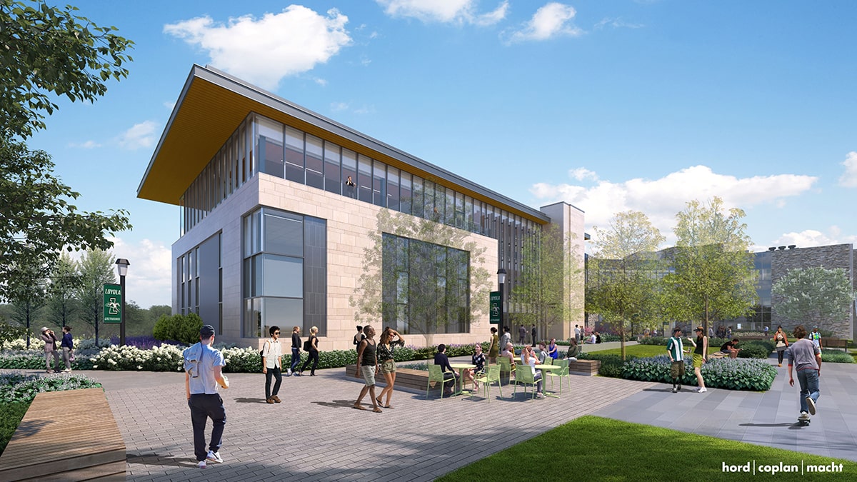 An architectural rendering shows a daytime corner view of the future Donnelly Science Center with window walls and stone exterior and patio with landscaped area, and students walking between classes.