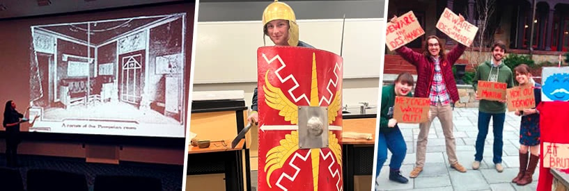 Image of a projector screen, image of a person holding a shield dressed like a medieval soldier, image of a group of students holding hand painted signs