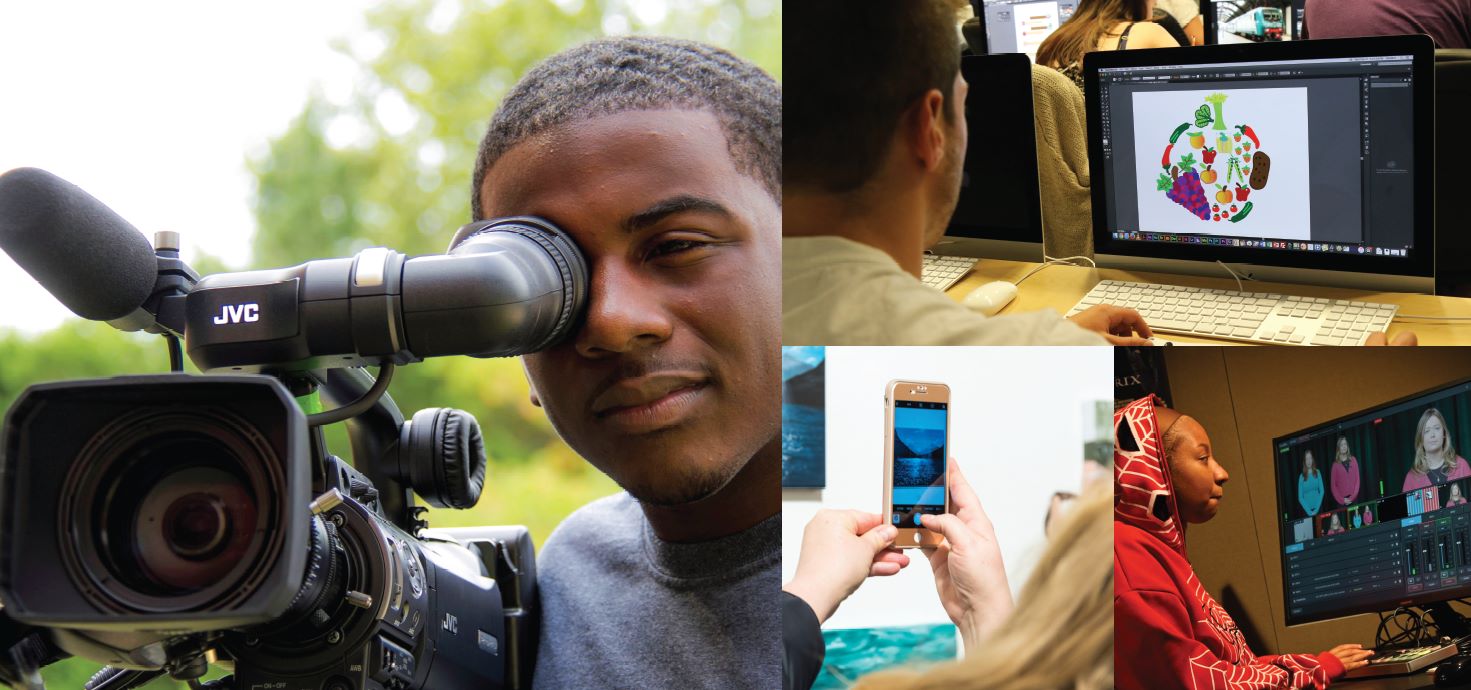 A collage of students using cameras, computers, and smart phones to capture digital media.