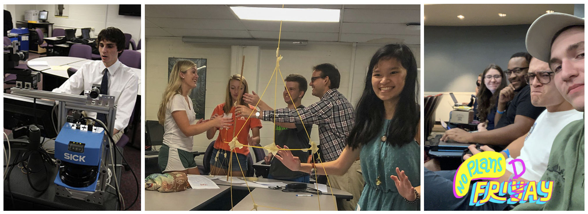 Three images side by side: a student with a robot, a group of students building a spaghetti tower, and four students at a hack-a-thon