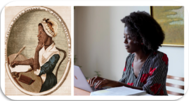 a portrait of a black woman writing and a modern black woman typing on a laptop