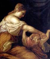 a painting of medea stabbing her child in the throat