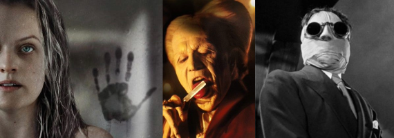 three images showing a man in a black goggles, bram stoker's dracula licking a blade and a woman with a handprint next to her face