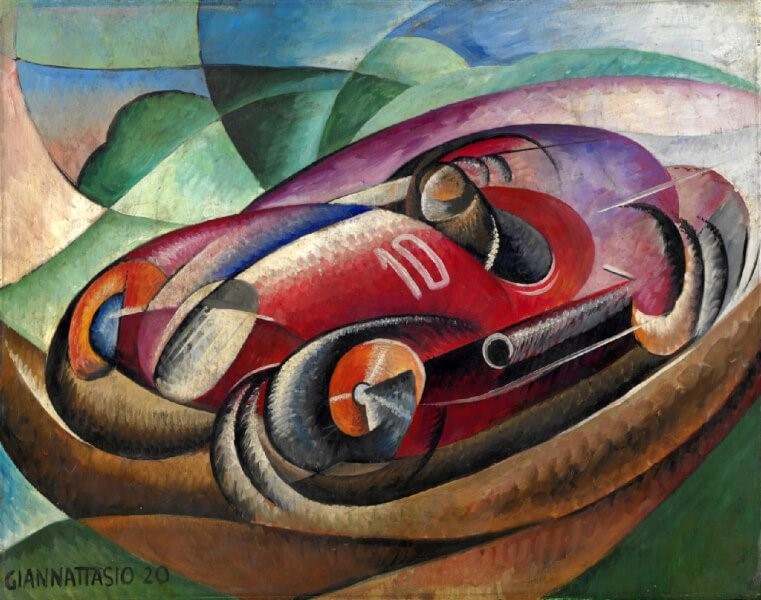 colorful Futurist painting of a race car