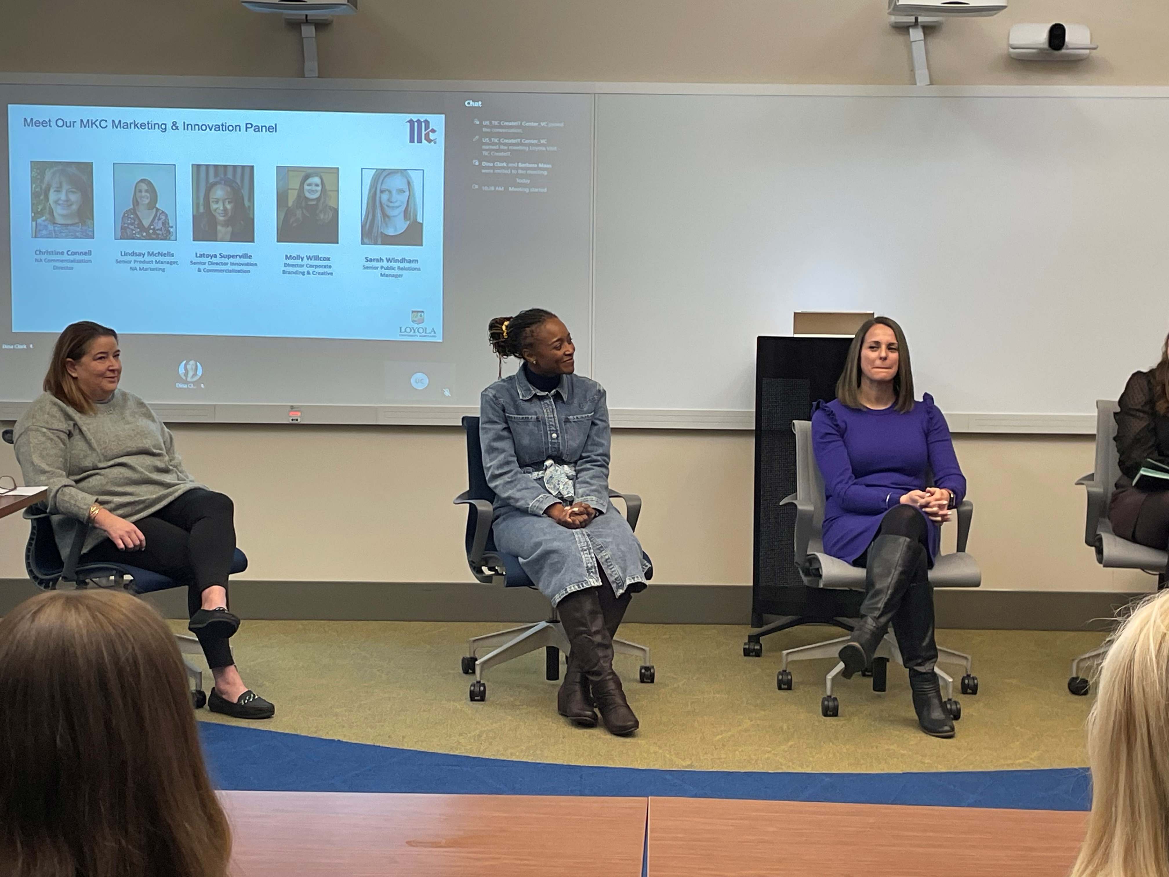 A group of McCormick employees on a panel to talk to marketing students