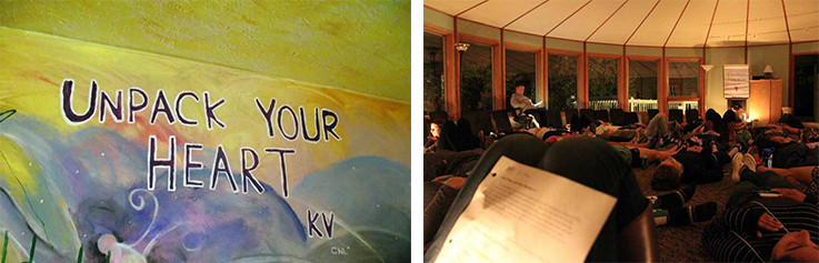 Kairos Retreat banner with participants sitting in quiet reflection and "Unpack your heart" written on the wall