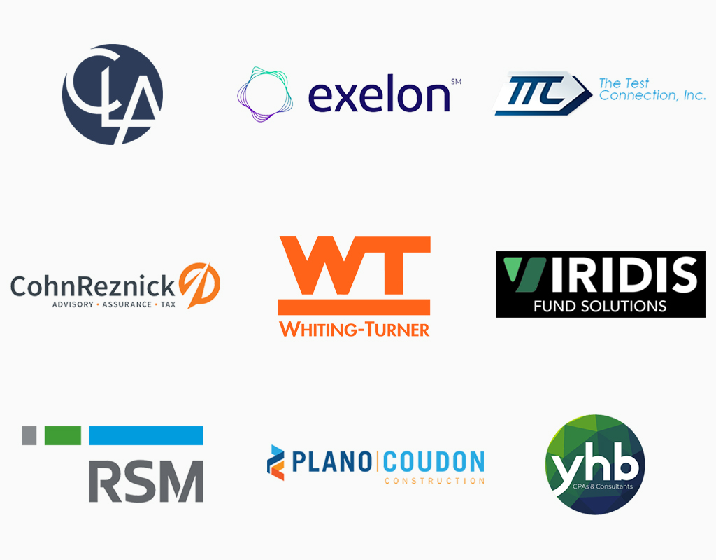 A grid of sponsor logos - including CLA, YHB, CohnReznick, Viridris, The Test Connection Inc., Exelon, RSM, and Plano Coudon Construction