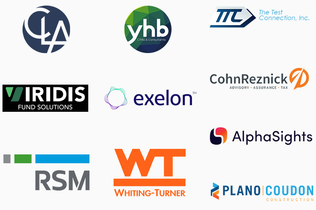 A grid of sponsor logos - including CLA, YHB, CohnReznick, Viridris, The Test Connection Inc., Exelon, RSM, and Plano Coudon Construction