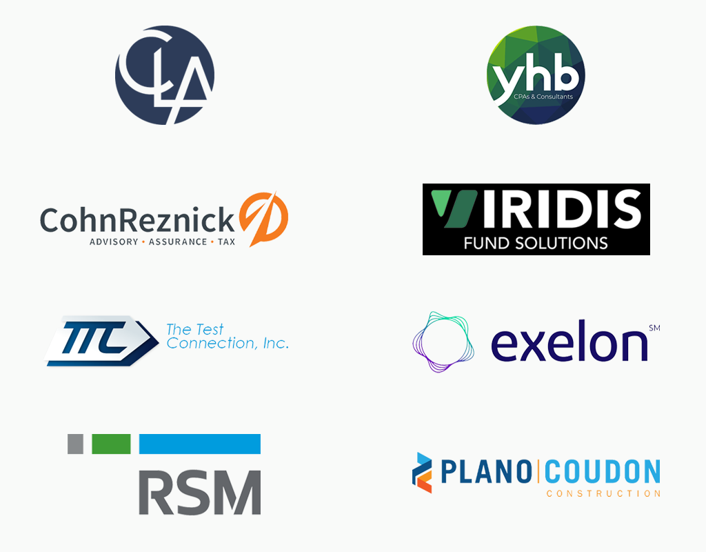 A grid of sponsor logos - including CLA, YHB, CohnReznick, Viridris, The Test Connection Inc., Exelon, RSM, and Plano Coudon Construction