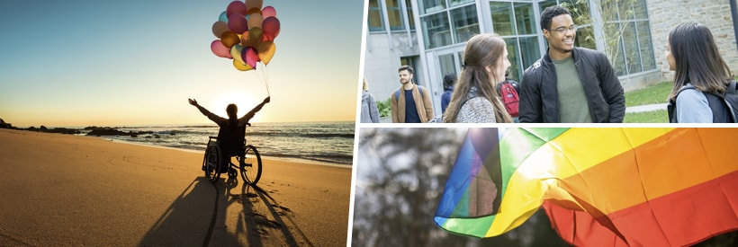 Person in a wheelchair holding bundle of balloons on a beach; group of students talking on campus; rainbow flag