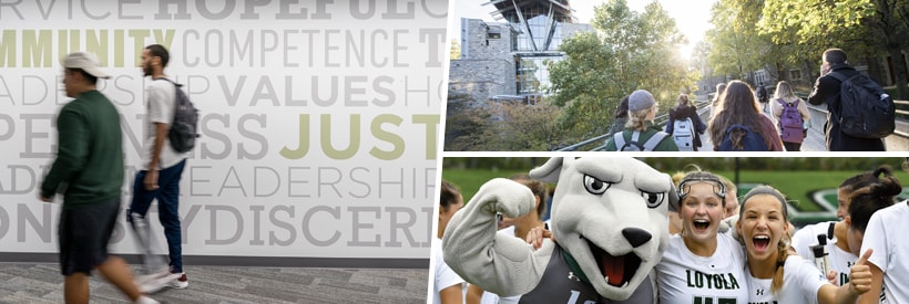 Two students walking past a wall of text; group of students walking towards Sellinger Hall; Iggy the mascot posing with members of the women's lacrosse team
