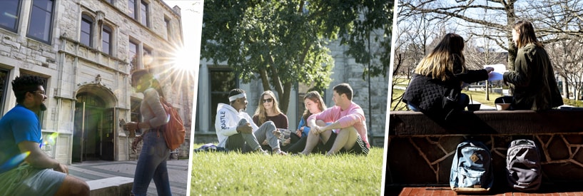 Students hanging out in front of Jenkins, in the grass on the quad, and on the Humanities porch
