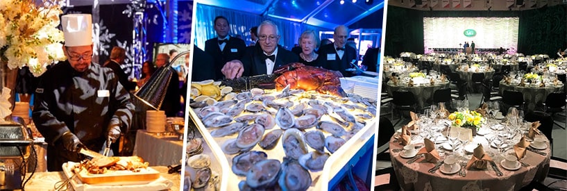Chef carving meat, oysters, special event hall