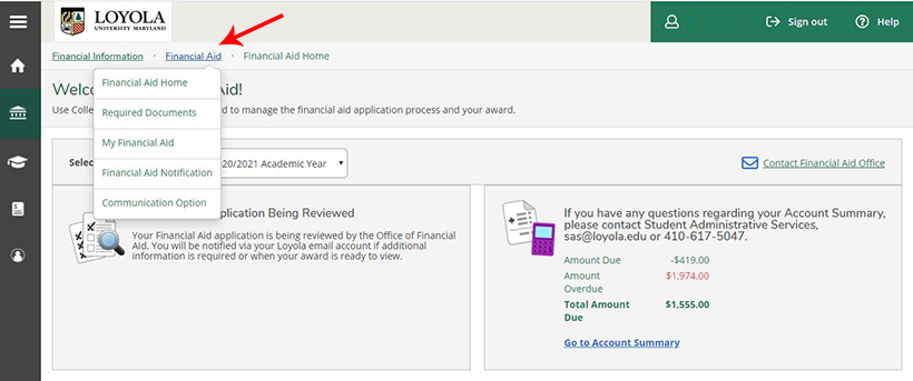 Screenshot showing where to select the Financial Aid drop-down menu