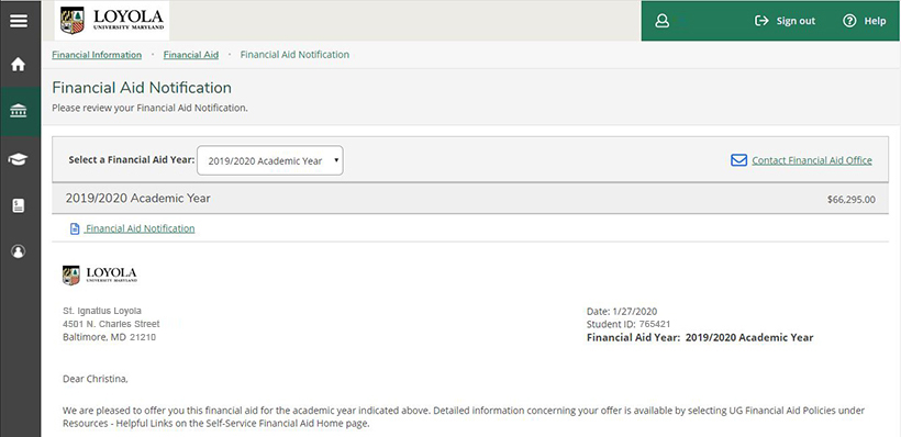 Screenshot of Financial Aid notification page