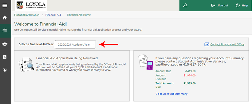 Screenshot showing where to select Financial Aid year