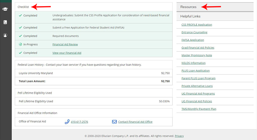 Screenshot showing where to find your financial aid checklist and resources