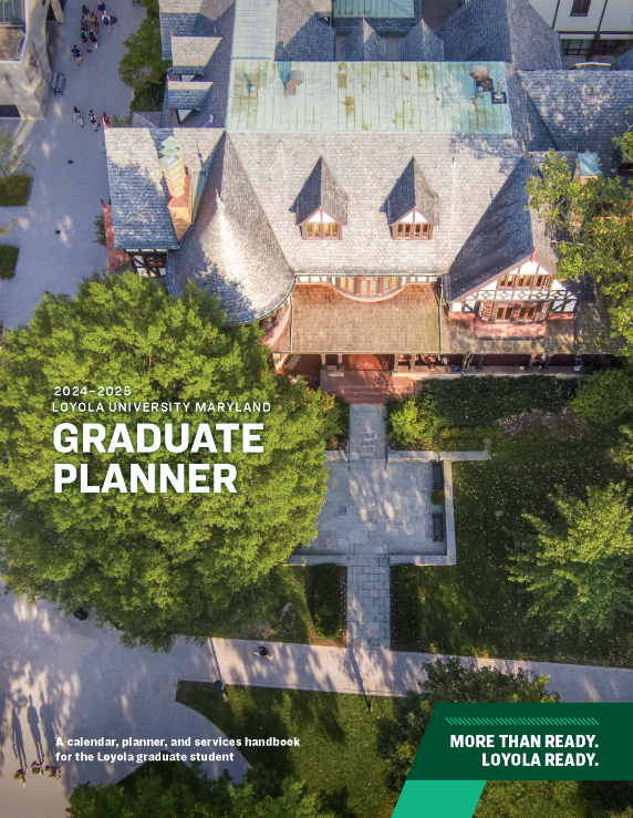 Cover of graduate planner depicting aerial view of Loyola Humanities Center