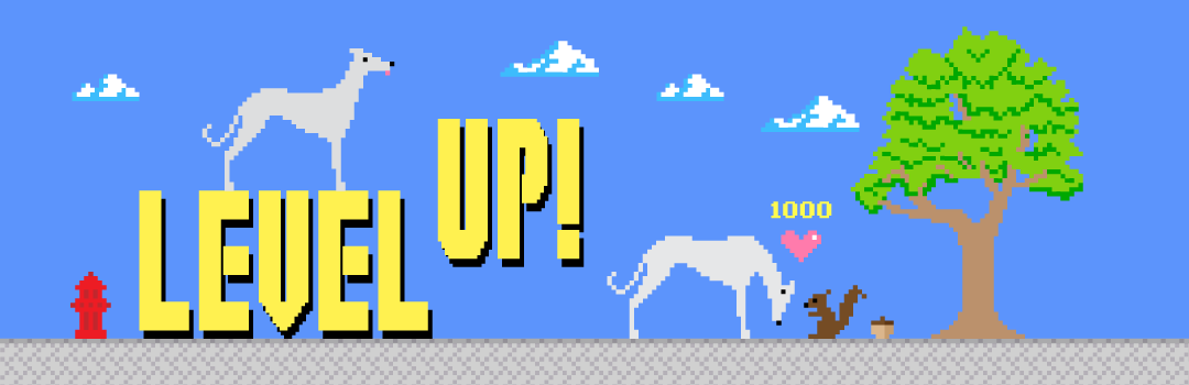 Pixelated greyhound gamified with scenery and Level Up! message