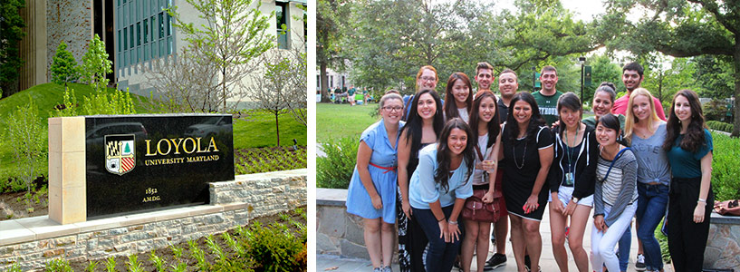 Collage of Loyola sign and international students on the Quad