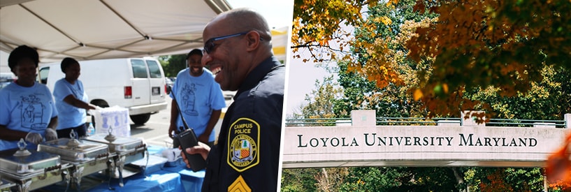 Public safety officer with York Road community members, and the Loyola University Maryland bridge