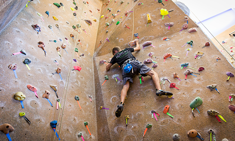 Student strapped into a harness with a chalk bag, climbing halfway up the indoor rock wall