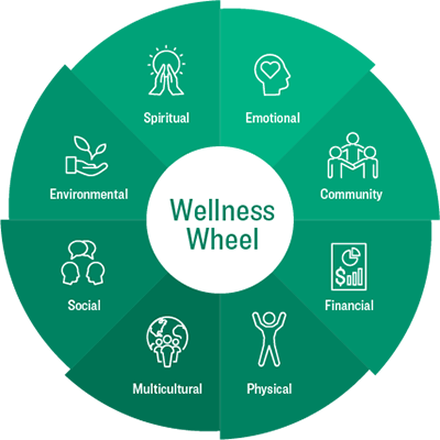 Wellness Wheel with physical, emotional, community, financial, spiritual, multicultural, social, and environmental icons