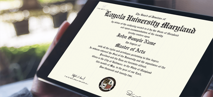 Sample of a Loyola digital diploma displayed on an iPad