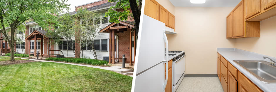 Photo of the Ahern residence hall and photo of a dorm kitchen