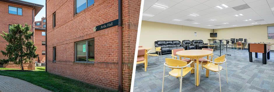 Photo of the Avila residence hall and photo of the interior of a lounge area