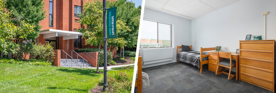 Photo of the Butler and Hammerman residence halls and photo of the interior of a dorm room