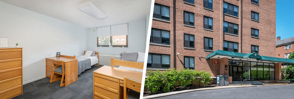 Photo of the Campion residence hall and photo of the interior of a dorm room