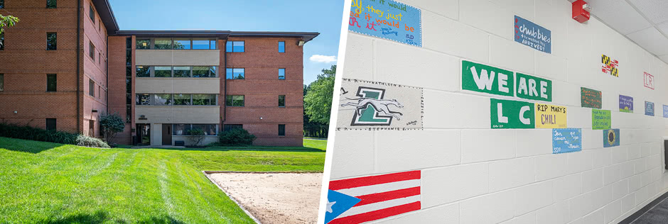 Photo of the Dorthy Day residence hall and photo of the residence wall with painted signs on it
