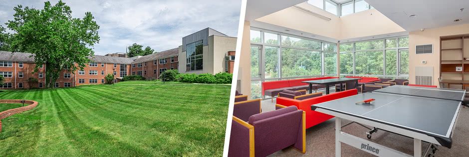 Photo of the Hopkins Court residence hall and photo of the interior of a resident lounge