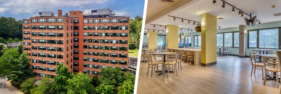 Photo of the Newman Towers residence halls and photo of the interior of a dining hall